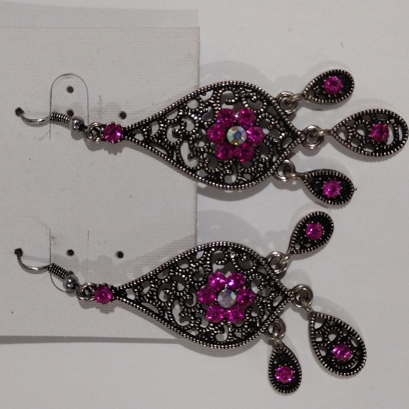 Filigree & Fringed Design - Pink Crystal Drop Dangle Earrings - Women's Jewelry - Picture 6 of 10